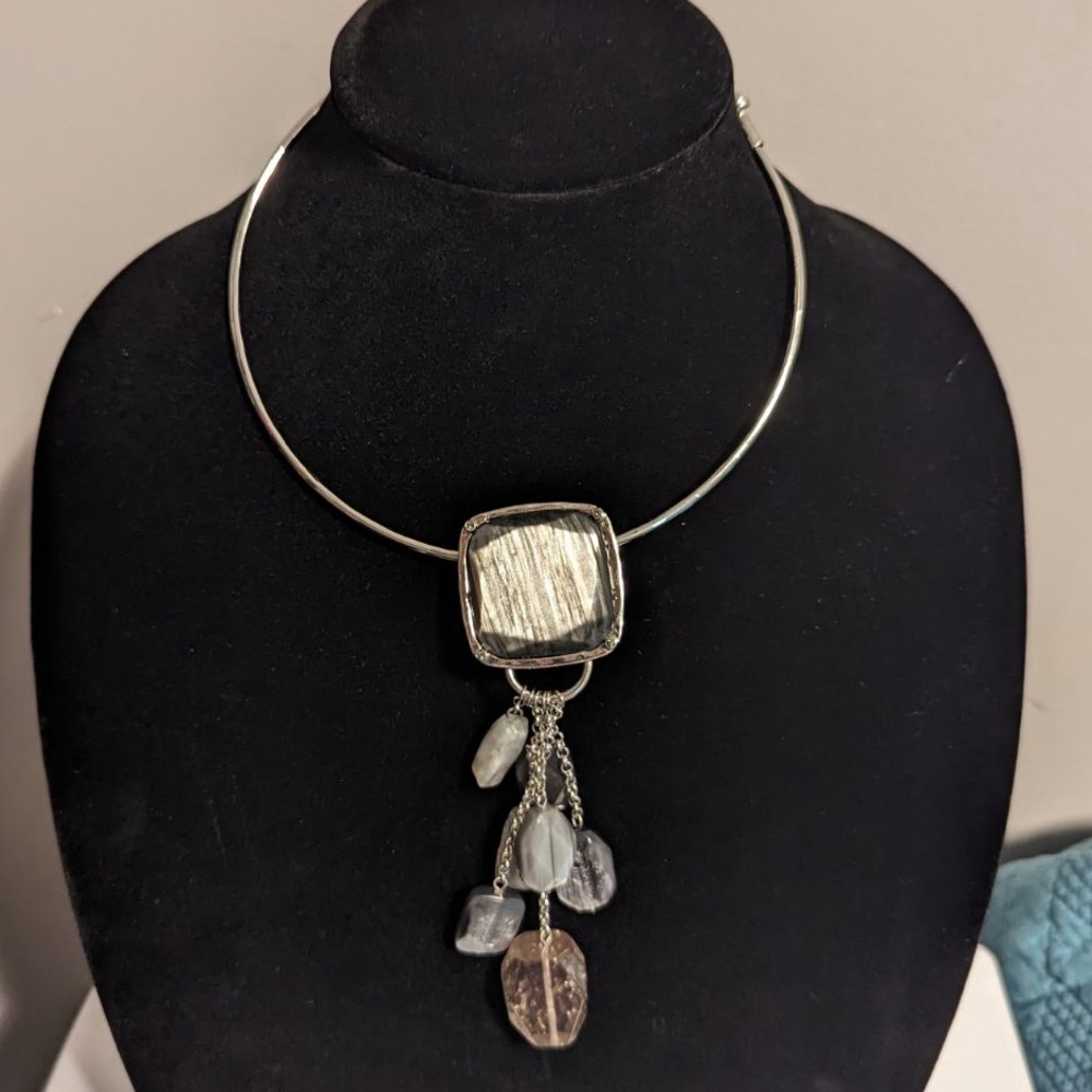 Chico's Cinda Pendant Necklace Gray Lucite Dangle Beads Silver Tone